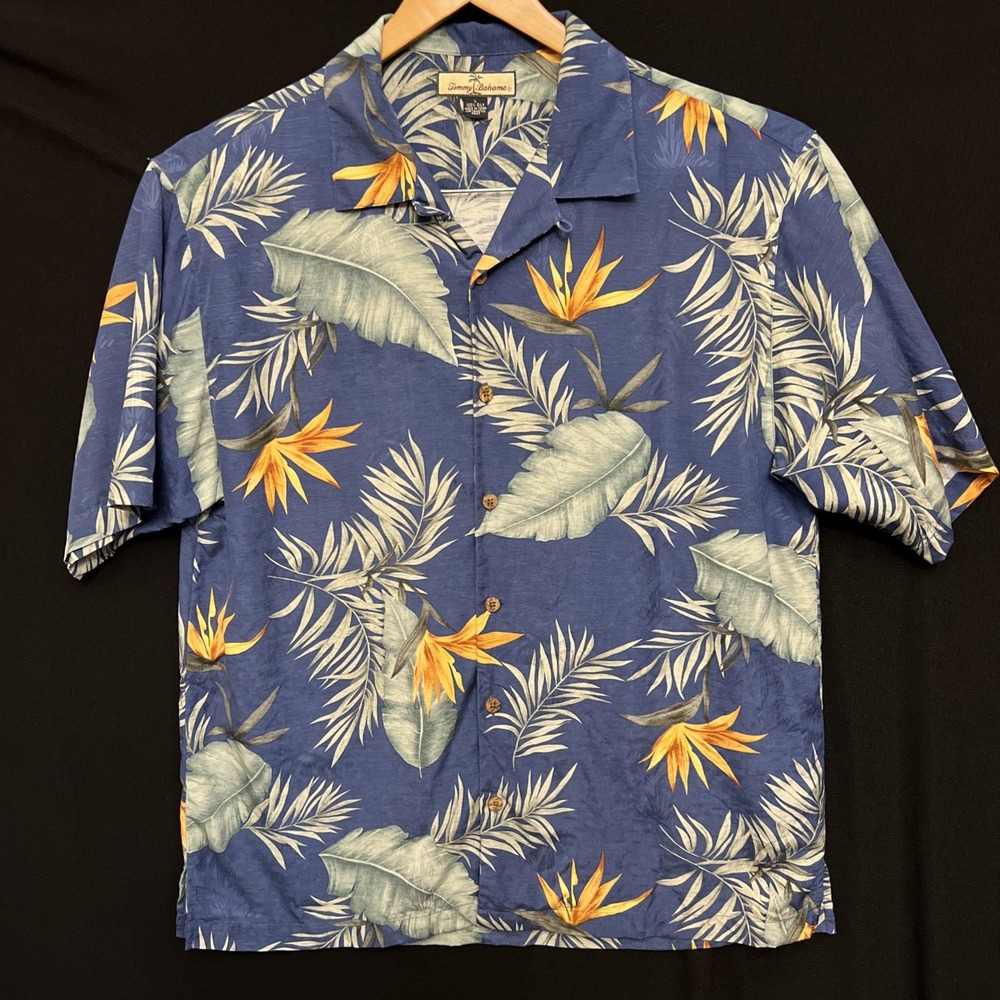 Tommy Bahama Blue 100% Silk Hawaiian Camp Shirt Birds Of Paradise Floral Men's L
